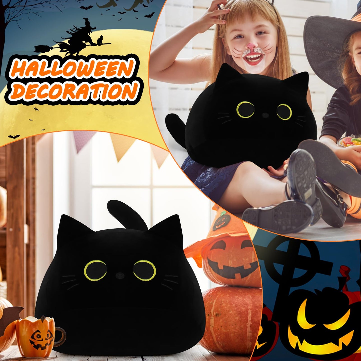 Auspicious beginning Black Cat Plush Toy-19'' Giant Black Cat Stuffed Animal, Plushie Toy Kawaii Plushies Cat Plush Pillow, Halloween Decor Plush Toys Halloween Plush Gift for Kids
