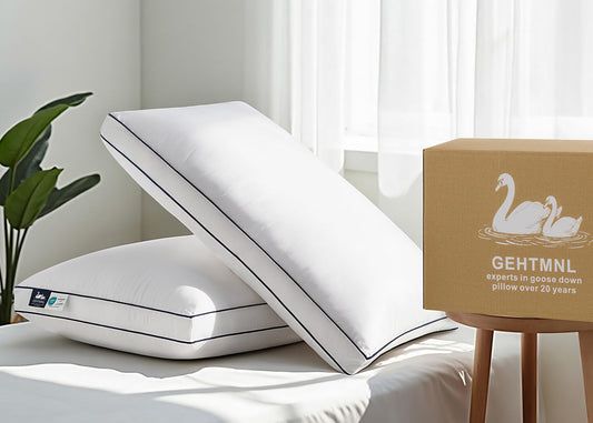 Gehtmnl Goose Down Pillows Queen Size Set of 2, Luxury Hotel Collection, 3-Chamber Gusseted Design, 100% Cotton Cover, Fluffy Yet Supportive for Side & Back Sleepers, Neck & Shoulder Support