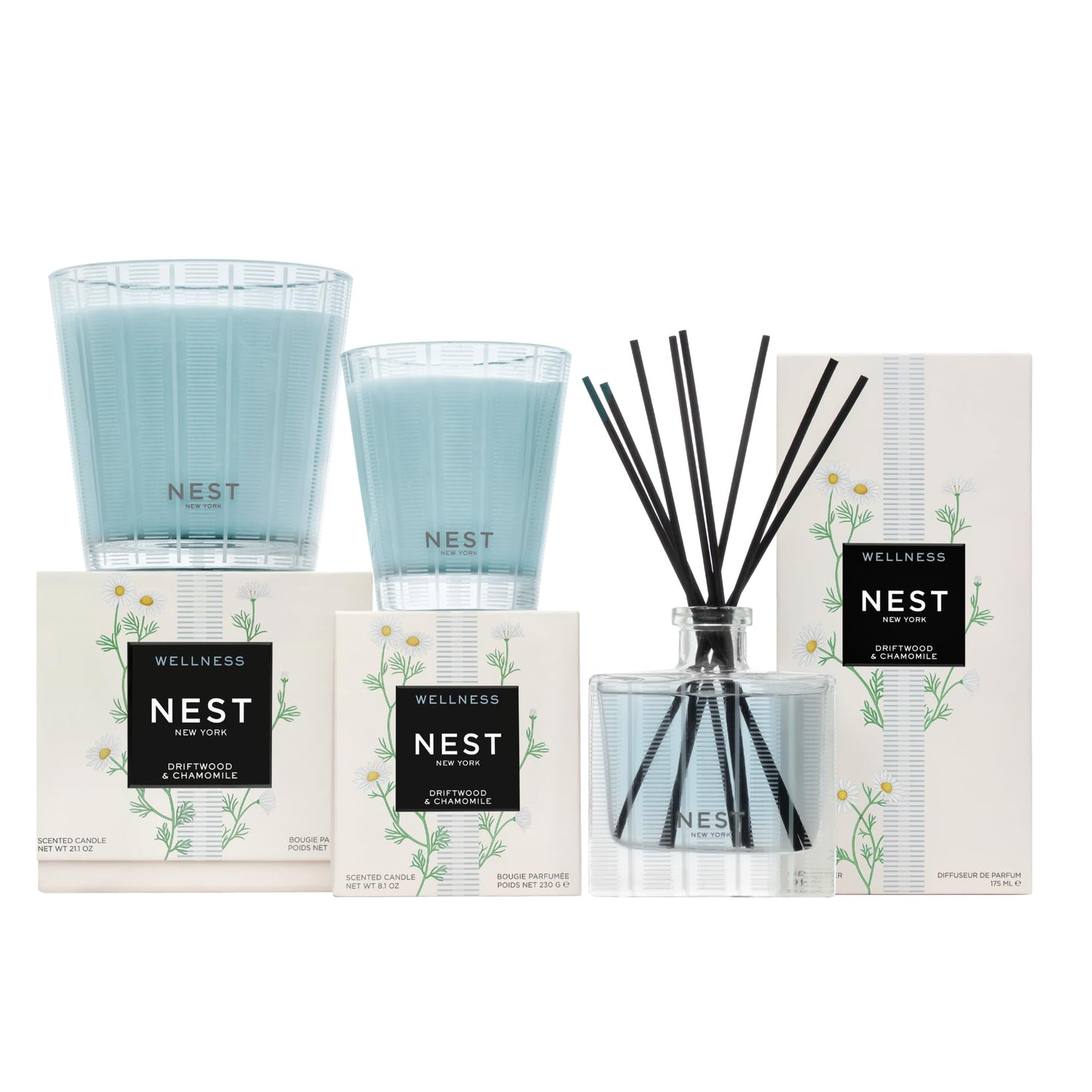 NEST New York Reed Diffuser, Driftwood & Chamomile - The Wellness Collection - 5.9 fl oz - Fragrance for Up to 90 Days - Reusable, Refillable Glass Holder - Includes 8 All-Natural Reed Sticks