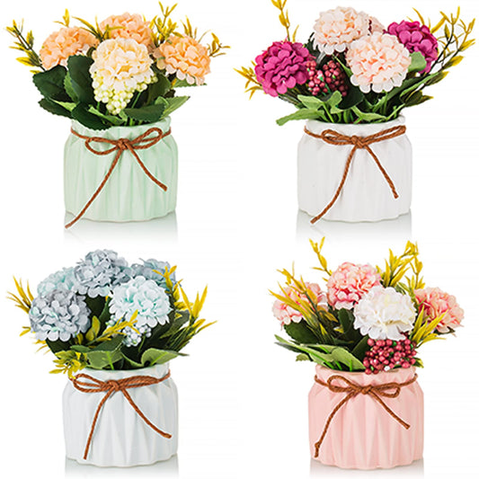 BLOSMON Fake Flowers in Vase for Centerpieces: 4 PCS 5.9 Inch Small Artificial Hydrangea with Vase Table Decor - Faux Floral Arrangements Desk Home Party Bathroom Office Decorations