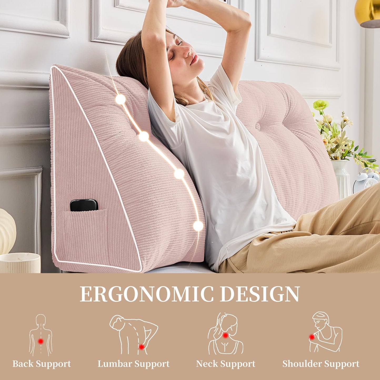Sasttie Headboard Pillow Queen, Triangular Wedge Pillow Headboard, Wedge Headboard Pillow for Bed Sofa, Daybed Pillows for Sitting up, Reading or Working with Removable Cover, Light Pink