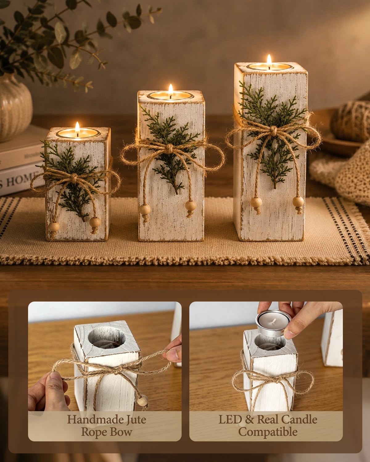 Farmhouse Decor Wooden Candle Holders Set of 3 - Fake Candles and Real Tea Lights, Rustic White Farmhouse Table Decor, Decorative Candles for Fireplace Mantel, Wedding, Holiday