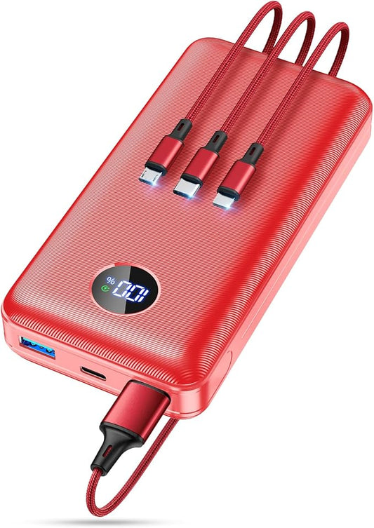 Portable Charger Power Bank, 60000mAh Battery Pack with 3 in 1 USB-C/iOS/Micro-USB Cable, 22.5W Fast Charging Portable Phone Charger, Travel Camping Essential Powerbank for iPhone 17/16 Samsung,Ruby