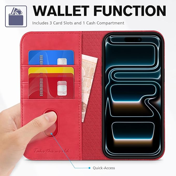 TUCCH Case Wallet for iPhone 17 Pro Max (6.9") 2025, RFID Blocking, 3 Card Holders, Kickstand, PU Leather, Protective Flip Folio Cover, TPU Shockproof Interior Shell, Bright Red