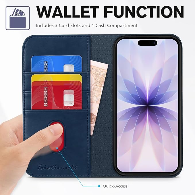 TUCCH Case Wallet for iPhone 17 (6.3-Inch) 2025, 3 Card Slots | Kickstand | RFID Blocking | PU Leather | Protective Flip Folio Cover | TPU Shockproof Interior Shell | Deep Blue
