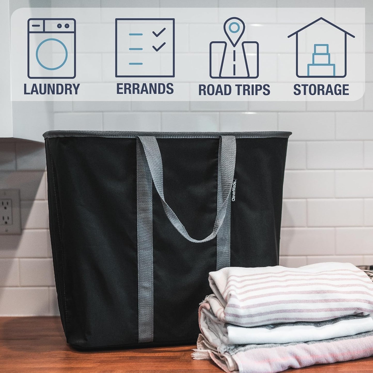 CleverMade Collapsible Laundry Caddy – Foldable Laundry Hamper & Tote, XXL 64L Pop-Up Laundry Basket with Handles, Space-Saving Laundry Organizer for Home, Dorm, Closet & Travel, 2 Pack - Black Gray