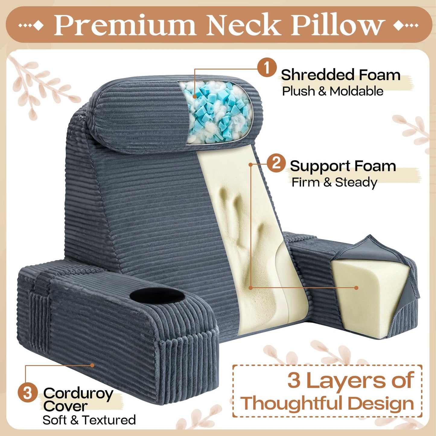 AMCATON Reading Pillow/Backrest Pillow with Arms, Cup Holder & Phone Pocket - Bed Rest Pillow with Adjustable Headrest, Corduroy Fabric for Back Support in Bed/Sofa/Floor (Gray, 21 INCH)
