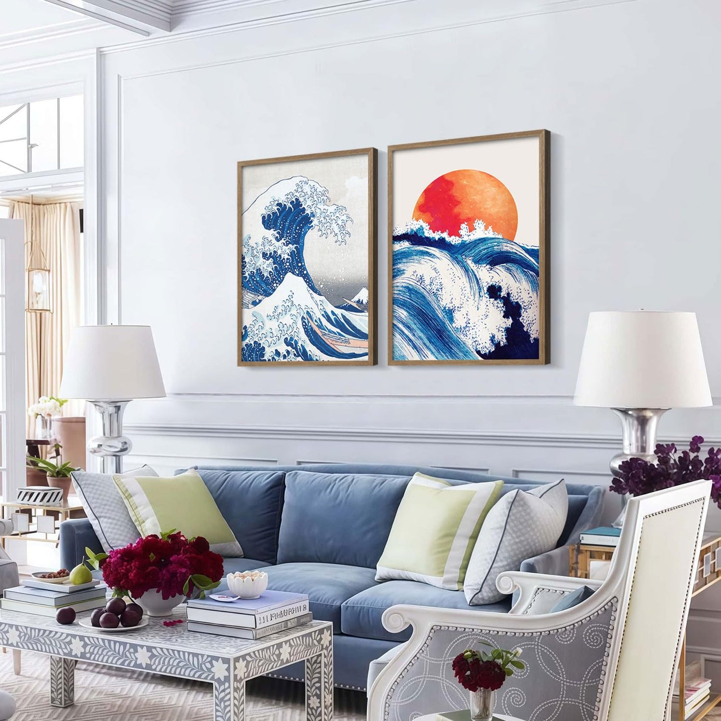 2Pcs Framed Canvas Wall Art Japanese Wave and Red Sun Poster Prints Hokusai Inspired Ocean Picture Traditional Ukiyo-e Gallery Decor Living Room Bedroom Office Apartment 16X24 Inch Ready to Hang