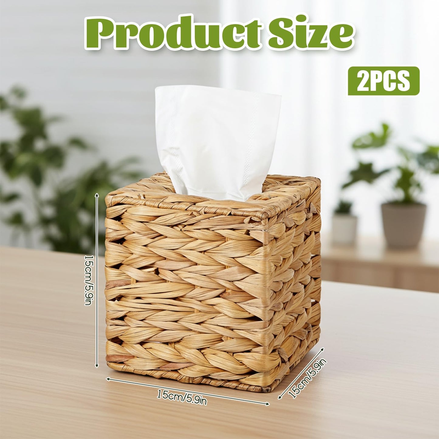 2 Pack Water Hyacinth Tissue Box Holder, Hand Woven Square Tissue Box Cover, Natural Handmade Napkin Boxes Holder, Rustic Decorative Tissues Cover for Table, Bathroom, 5.9 inch