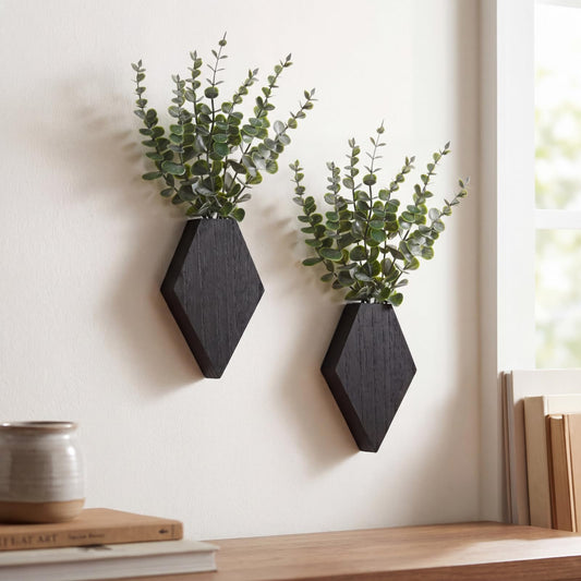 Chunful 2 Pcs Wooden Wall Planter Decor Hanging Fake Plants Greenery Flowers Holder Vase Boxes for Wall Bohemian Farmhouse Room Kitchen Office Indoor Decoration(Black,7.1 x 4.7 x 1.2 Inches)