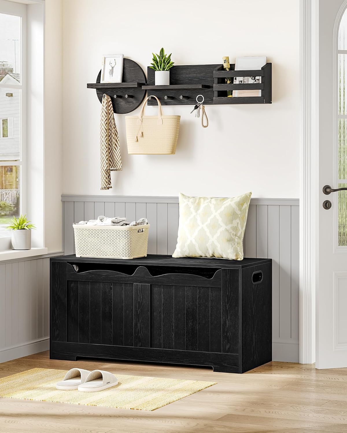 Hzuaneri 43.3" Storage Chest, Extra Large Storage Bench Trunk with 2 Hinges, Wooden Box, Lift-Top Chest Organizer, Shoe Bench for Entryway, Bedroom, Living Room, Black SB25504X
