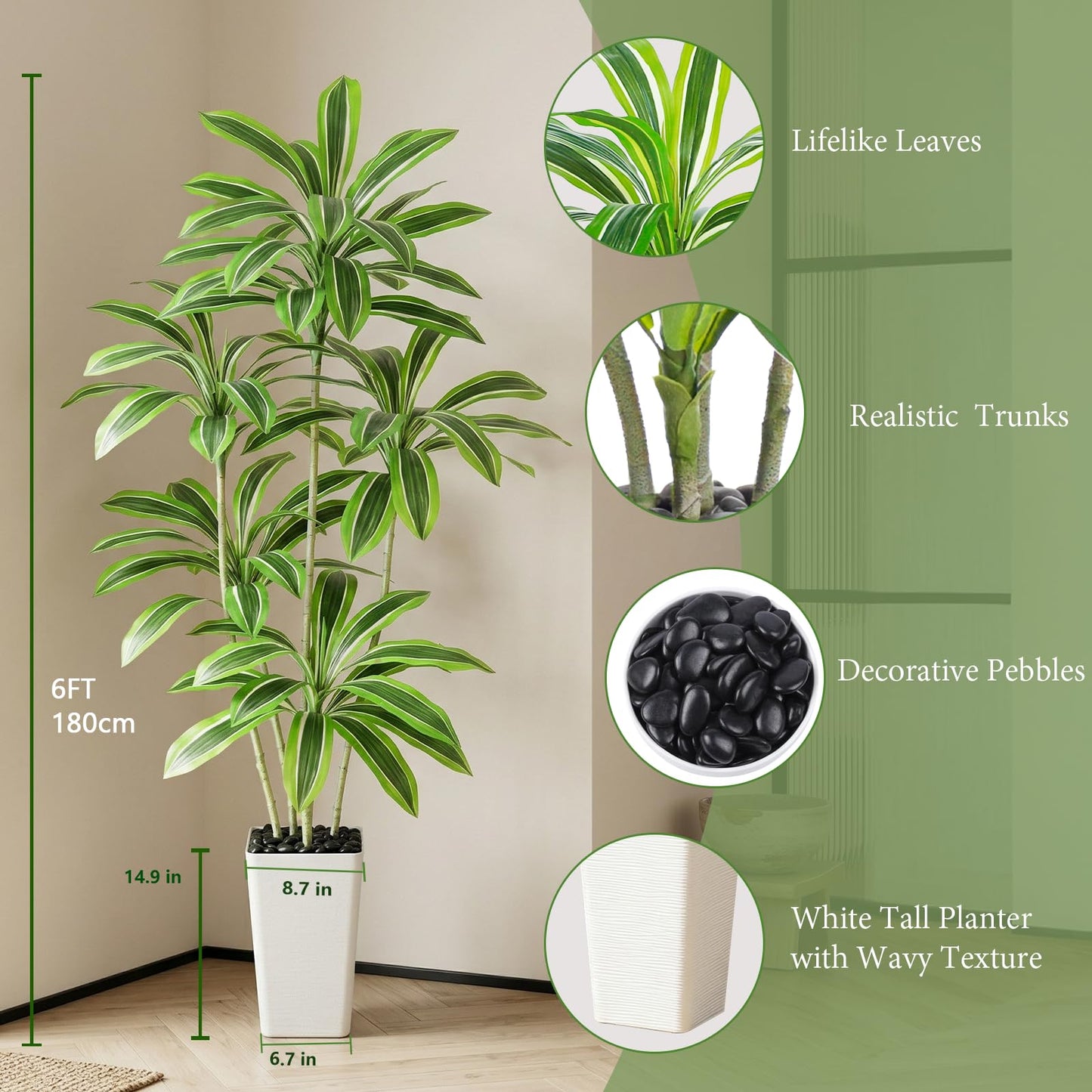 Artificial Yellow Dracaena Tree, 6FT Artificial Plants Indoor with White Tall Planter, Faux Yucca Silk Tree Fake Tropical Floor Plant in Pot, Fake Plants for Home Room Office Entryway Porch Decor