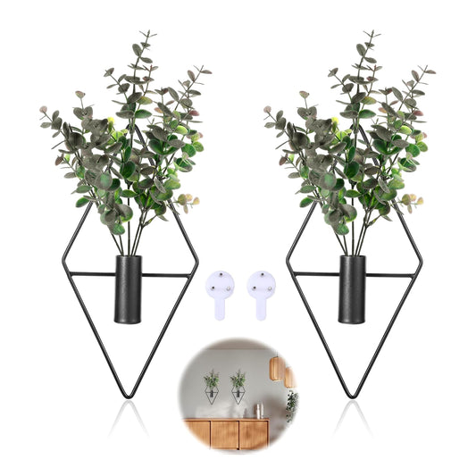 Mowouhn 2Pcs Hanging Planters with Artificial Eucalyptus Metal Hanging Vase,Indoor Plants Holder,Diamond Shape Wall Planter Holder,Modern Geometric Plants Hanging Wall Decor for Home Living Room