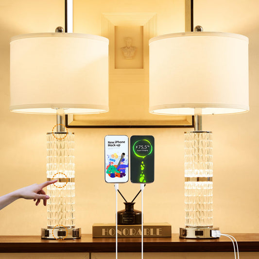 SAIWEYA Crystal Table Lamps Modern 3-Way Dimmable Bedside Lamp with 2 USB Ports & AC Outlets for Living Room Bedroom Nightstand Lamp Night Light