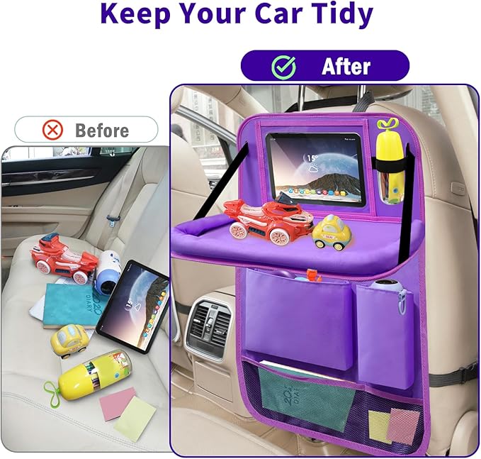 Etre Jeune Car Backseat Organizer with Tray, Seat Back Table Holder with 6 Storage Pockets, Car Seat Back Protectors Kick Mats Travel Accessories, 1 Pc Purple