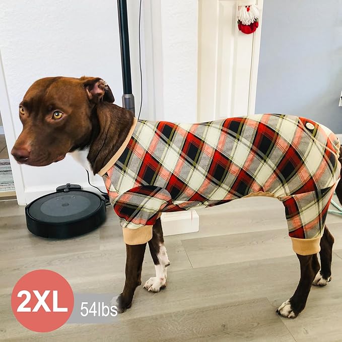 KYEESE Dog Pajamas Medium Sized Dog Stretchy Onesie Velvet Pjs Comfy Coat Soft Pet Clothes Plaid Doggie Jammie, Grey, XX-Large