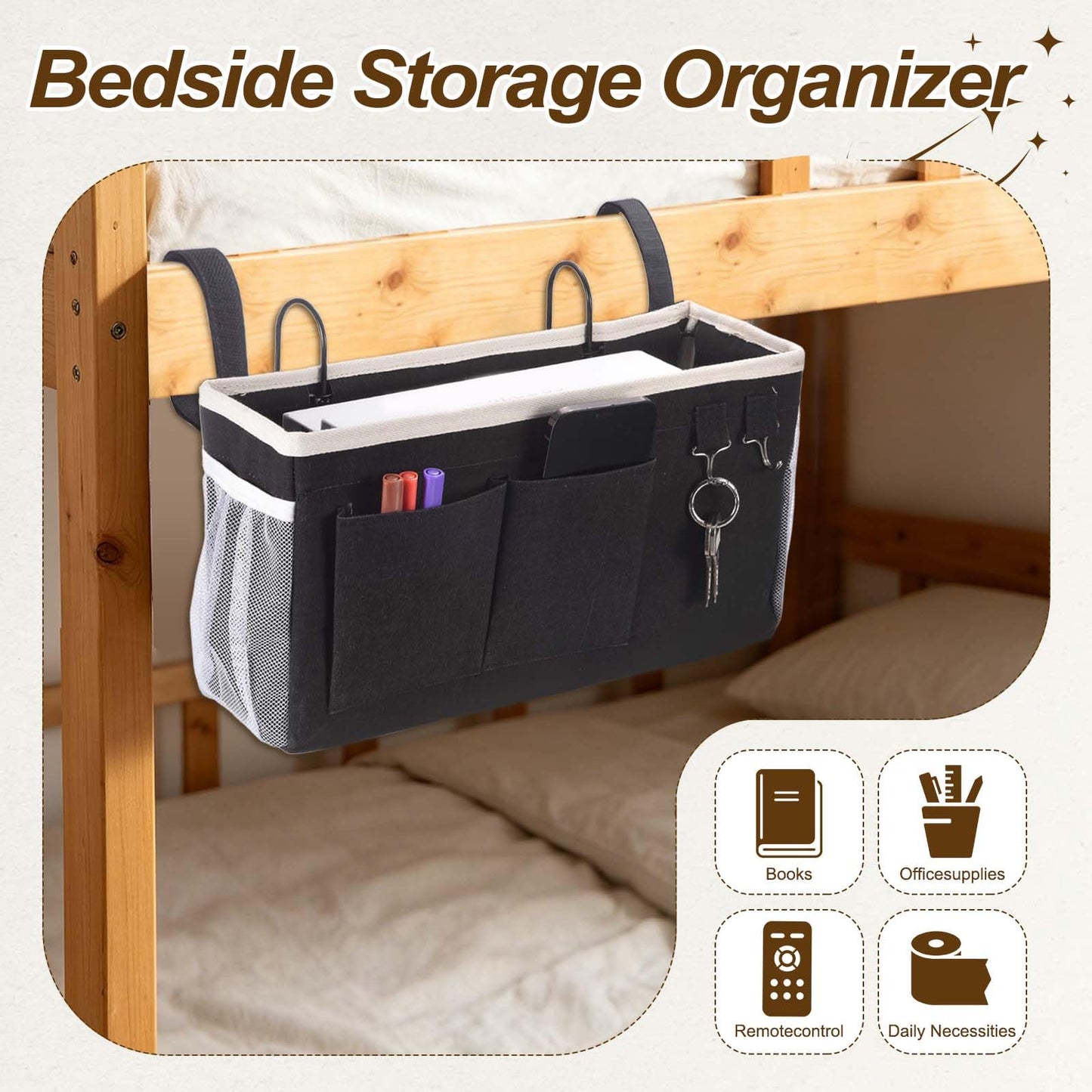 uxcell 2Pcs Bedside Caddy, 3 Pockets Bedside Storage Organizer with Strap and Hooks, Hanging Storage Bag with Water Cup Holders for Home Bunk Bed Dorm, Gray