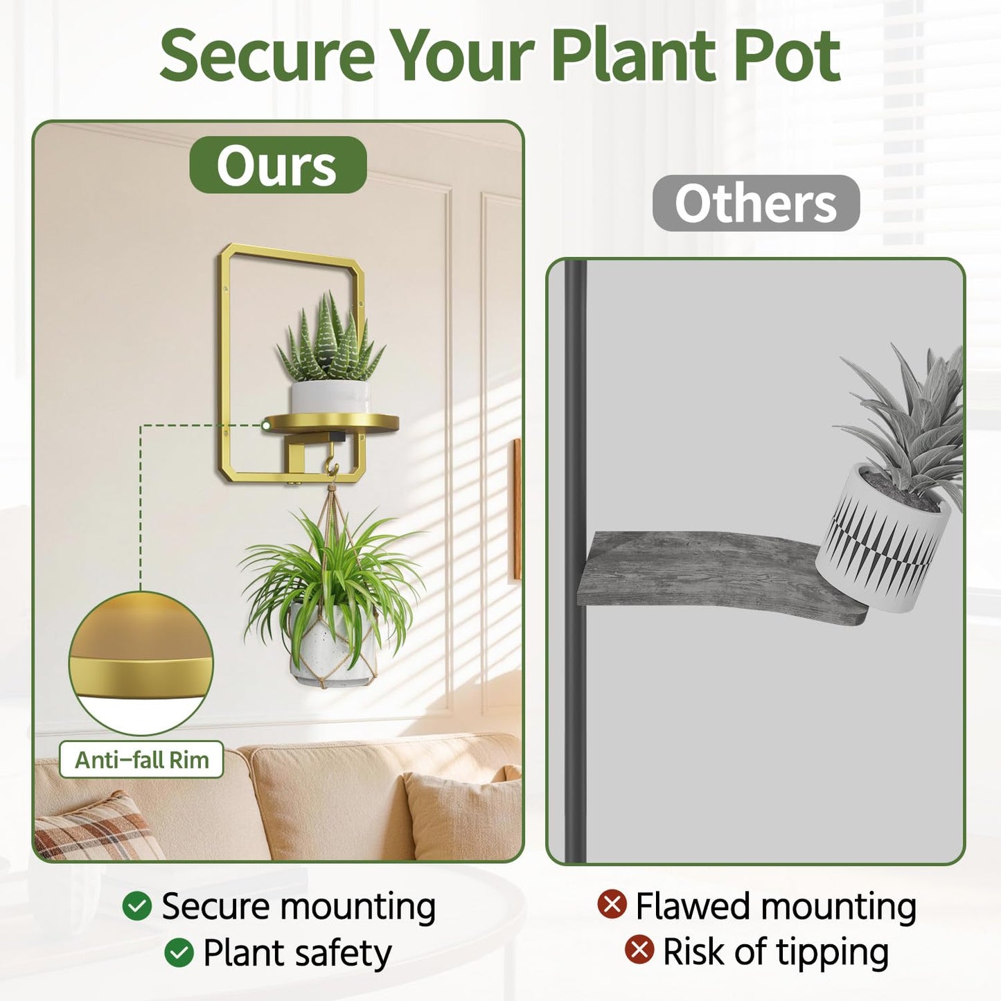 LASZOLA Plant Picture Frame Holder Wall Mount Indoor Window with 2 Grow Light, 2 Pack Modern Floating Flower Stand Shelf with Hooks, Metal Hanger Display Decor for Living Room, Gold