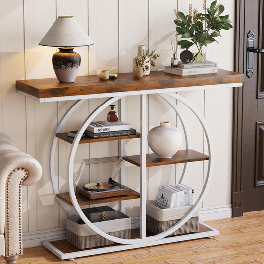 LIFECHOVY 41.3" Console Table for Entryway, Industrial Hallway Sofa Table with Storage Shelves, Narrow Accent Decor Living Room Furniture with Circle Base for Foyer, Entrance, Brown White
