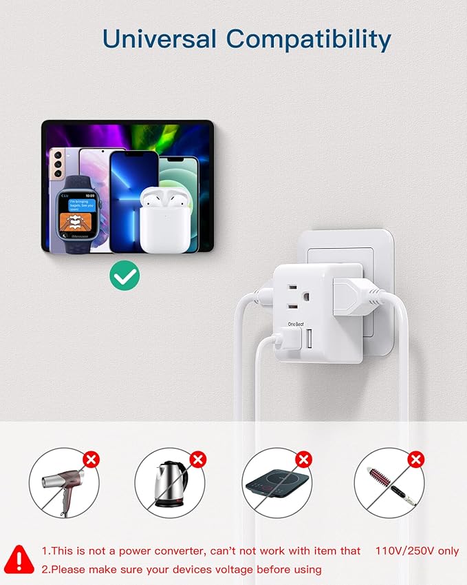 1 Pack European Travel Plug Adapter, Italy Spain Power Plug Adapter with 3 Outlets 3 USB Charging Ports(1 USB C), Type C Plug Adapter Travel Essentials to Most Europe EU Spain Italy France Germany