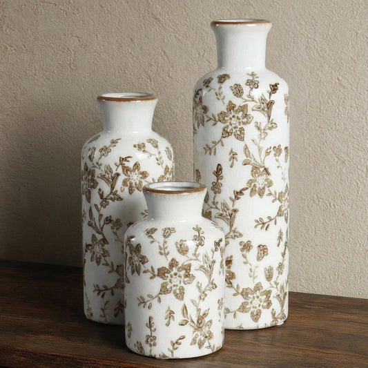 Ceramic Vase Set of 3, Vintage Ceramic Flower Vases, Crackle-Glaze & Distressed Rim, Brown Botanical Pattern, for Home Decor, Living Room Mantel & Dining Table Centerpiece