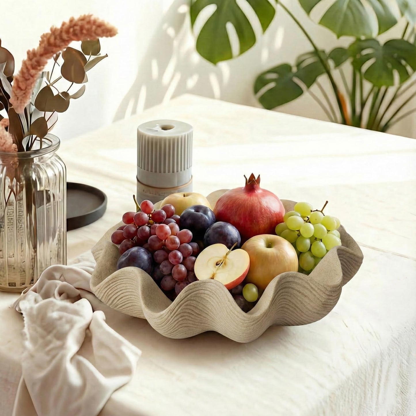 KEWOOL Scalloped Decorative Bowl Home Decor - 12.6" Modern Handicraft Large Shell Ruffle Decorative Fruit Bowl for Kitchen Counter, Chic Key Tray for Entryway Table, Artificial Stone Beige