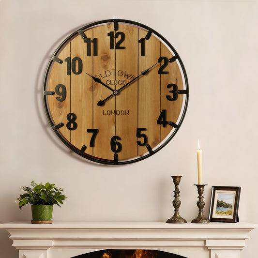 Vantic Farmhouse 24 Inch Extra Large Decorative Wall Clock with Metal Circle, Oversized Wood Wall Clock with Large Arabic Numeral for Living Room, Bedrooms and Offices, Silent and Battery Operated