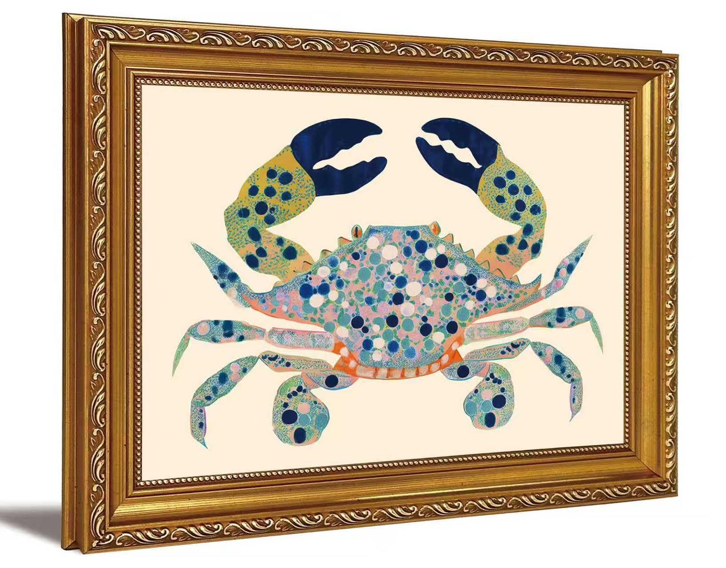 Gold Framed Coastal Watercolor Blue Crab Canvas Wall Art 9x11in
