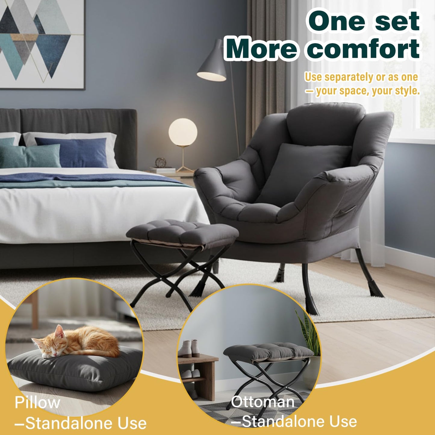 HomEastlly Lazy Chair with Ottoman, Large Accent Chair with Ottoman and a Throw Pillow, Dark Grey Reading Chair for Living Room Bedroom Dorm Room Office Apartment Relaxing Use