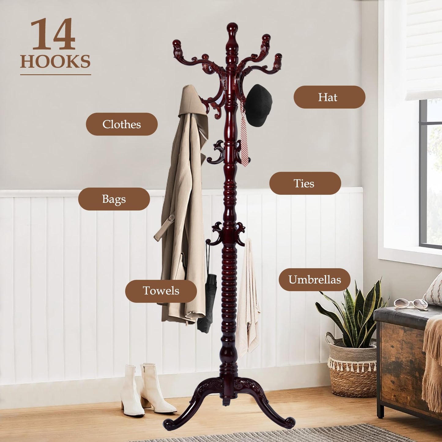 Zacammy Wood Coat Rack Freestanding, Natural Coats Tree Stand with 14 Hooks, 73" Sturdy and Easy Assembly Coat Rack Stand for Entryway, Hallway, Bedroom, Bags, Hats (Tri-legged Base, Rosewood)