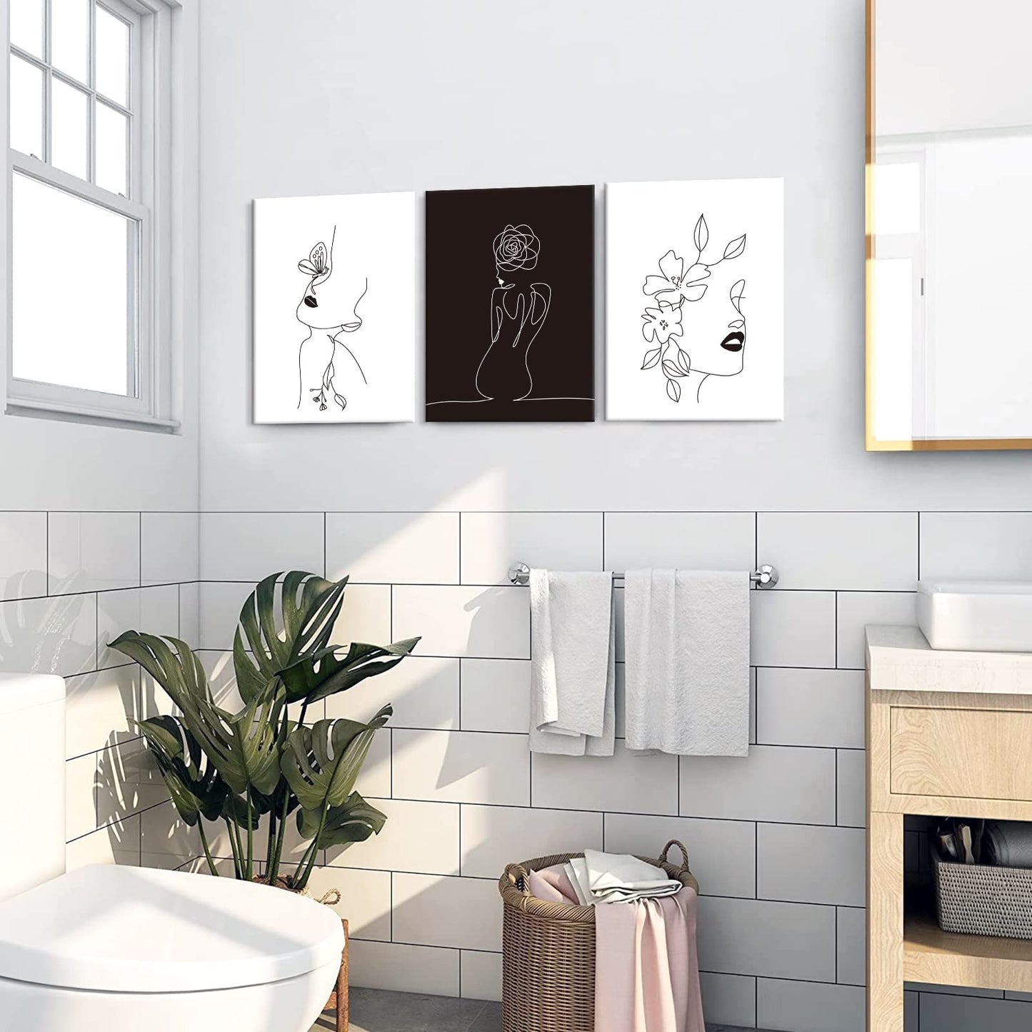 Chadow Artwork Minimalist Line Art Prints Set of 3 Abstract Women Faces Flower Wall Art Black and White Line Drawing Painting Modern Aesthetic Poster for Girls Bedroom Bathroom Living Room Decor