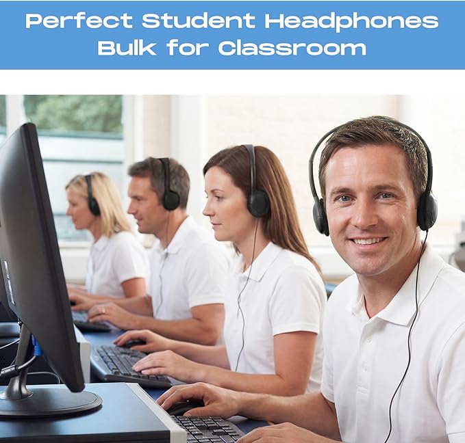 Yunsailing 30 Pack Bulk Over Ear Headphones Set On Ear Headsets Earphones with Adjustable Headband and 3.5mm Plug for Group Learning, Computer Lab, Library, Online Lesson (Black)