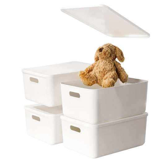 Gaoaodeyu 4 pack large plastic White storage bins with Lids, Toy Box Chest with Handle，Organizer Containers Baskets for Baby,Nursery，Shelves，Playroom, Bedroom，Office,Closet，home (White, 4M)