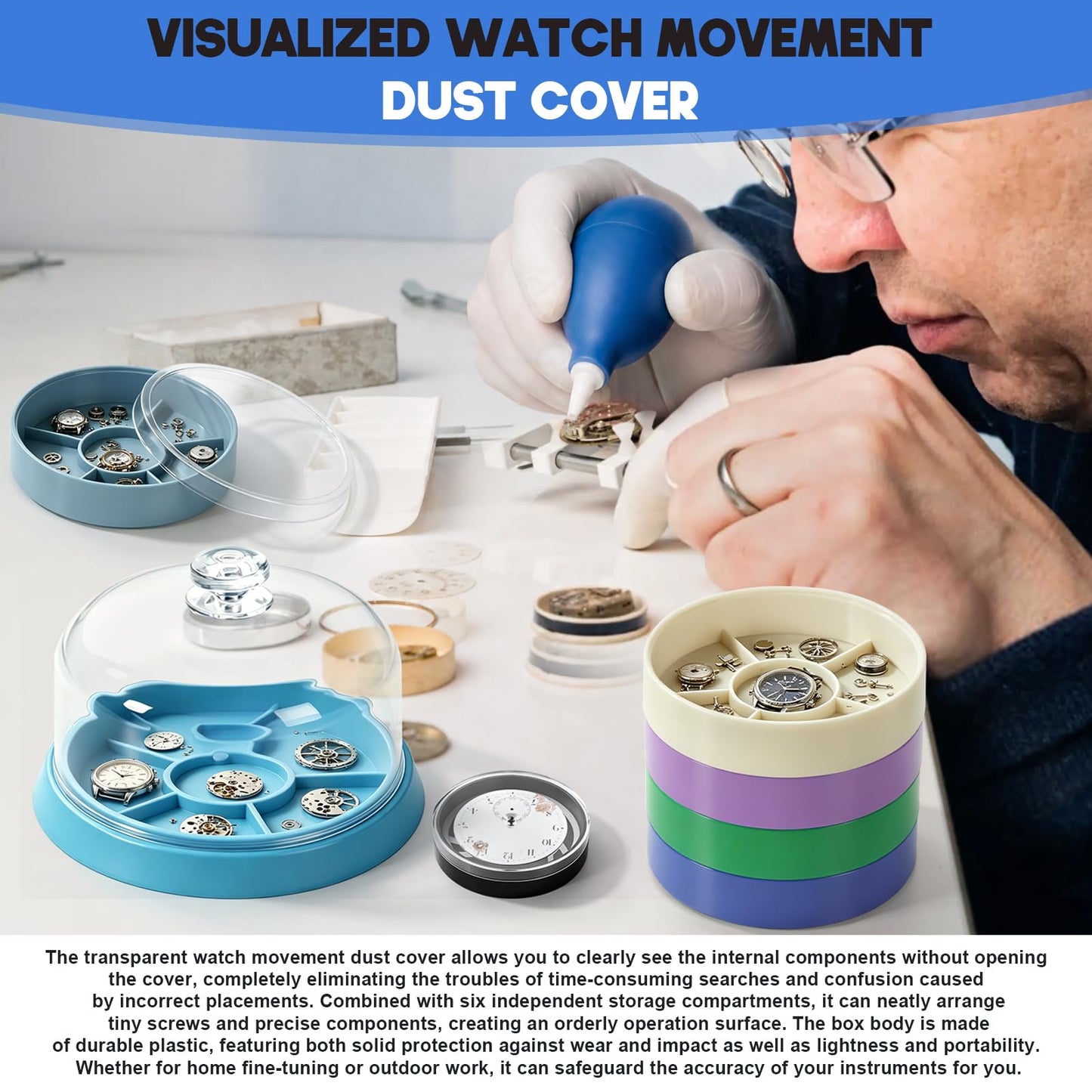 stufool 4 Pcs Watch Parts Organizer Kit with Movement Dust Cover, Parts Storage Box, Dial Storage Box, Air Blower Dust Blaster for Watch Repair