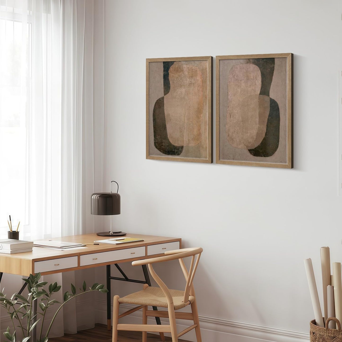 Framed Neutral Abstract Canvas Wall Art 2Pcs Wabi Sabi Wall Deco 24x16 Inch