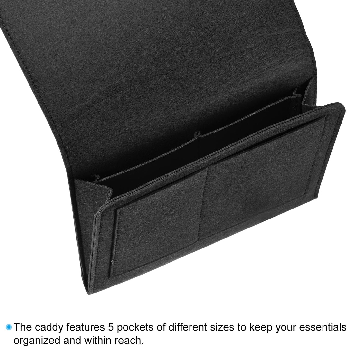 PATIKIL 11in Bedside Caddy, Bed Caddy Bedside Organizer Hanging 5 Pocket Soft Felt Bed Pockets Bedside Storage Organizer Remote Control Holder for Bedroom Phones Glasses, Black