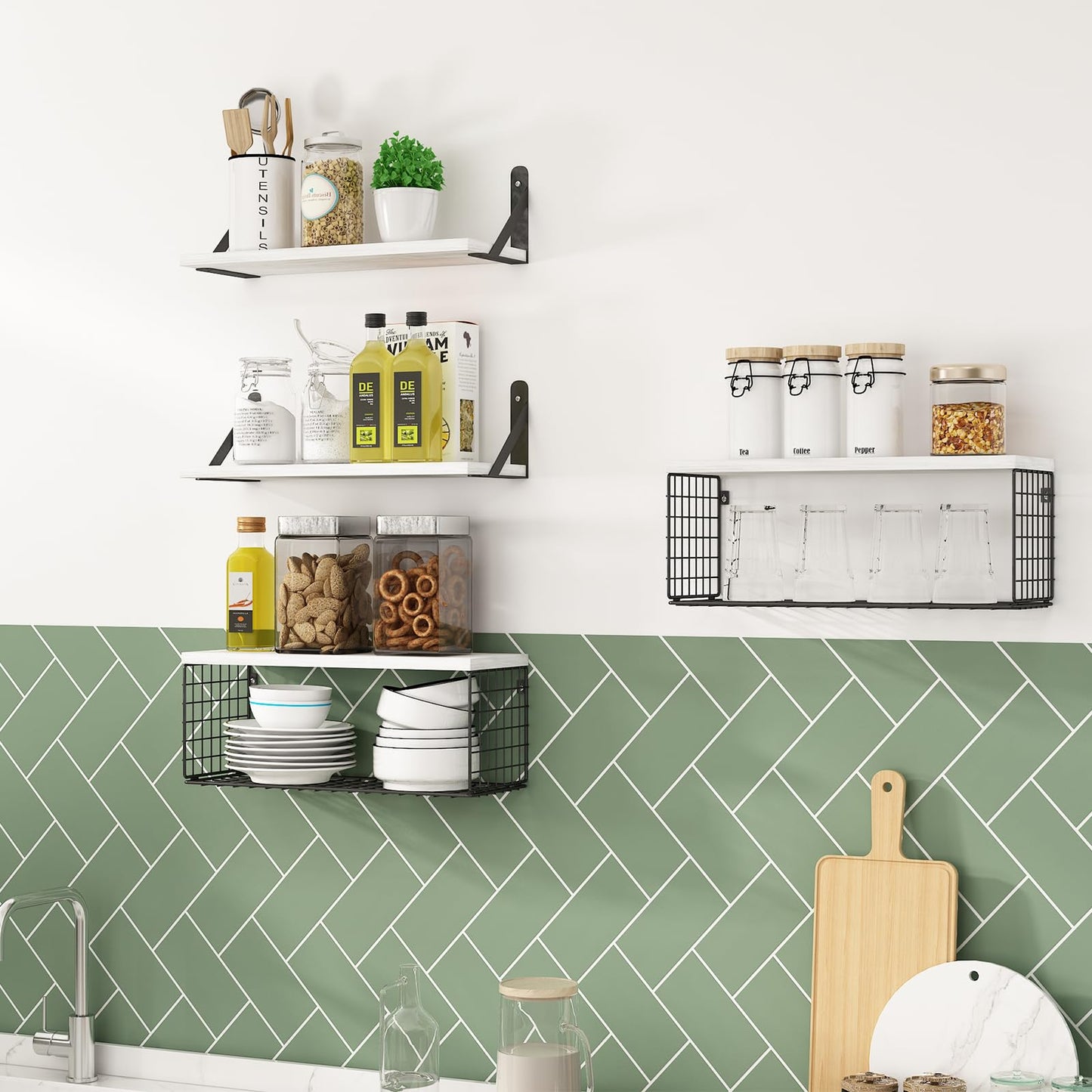 Aiyome Wall Floating Shelves, Wall Mounted Shelf Set of 4, with Metal Baskets, Rustic Décor Style, Shelf for Bathroom, Kitchen, Bedroom, Storage, Living Room - (White)
