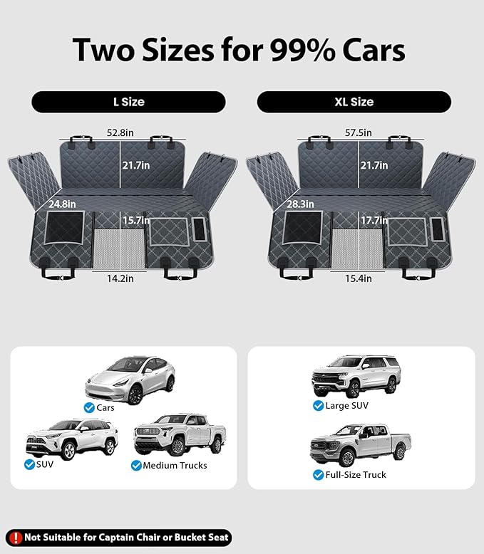 PetGenie Dog Car Seat Cover for Back Seat 10-Layer Military-Grade Protection, Hard Bottom Dog Hammock, Pet Bed Extender for Dogs, Waterproof Seat Protector Universal XL Size Fits for SUV Medium Truck