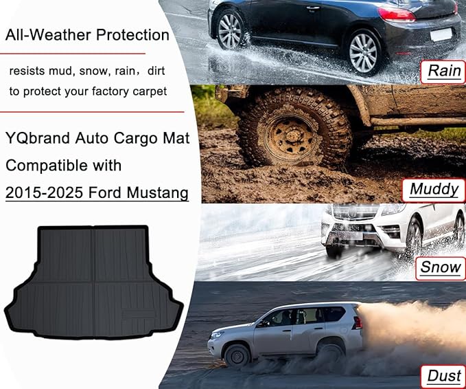 Mustang Cargo Mat - All-Weather 3D Custom-Fit Trunk Tray Floor Mat Compatible with 2015-2025 Ford Mustang Coupe without subwoofer (Not for Mach-E) ，Waterproof Non-Slip Durable Odorless TPO Accessories