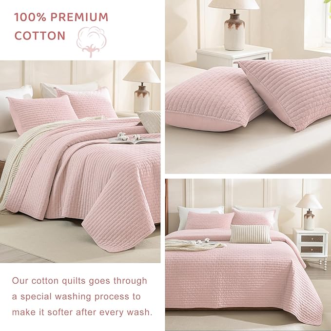 Sanracie Stonewashed Cotton Coverlet Oversized King(120"x120"), Light Pink Cross Stitch Pattern California King Quilt Sets 3Pcs Ultra Soft Lightweight Crinkle Bed Coverlet Set for All Season