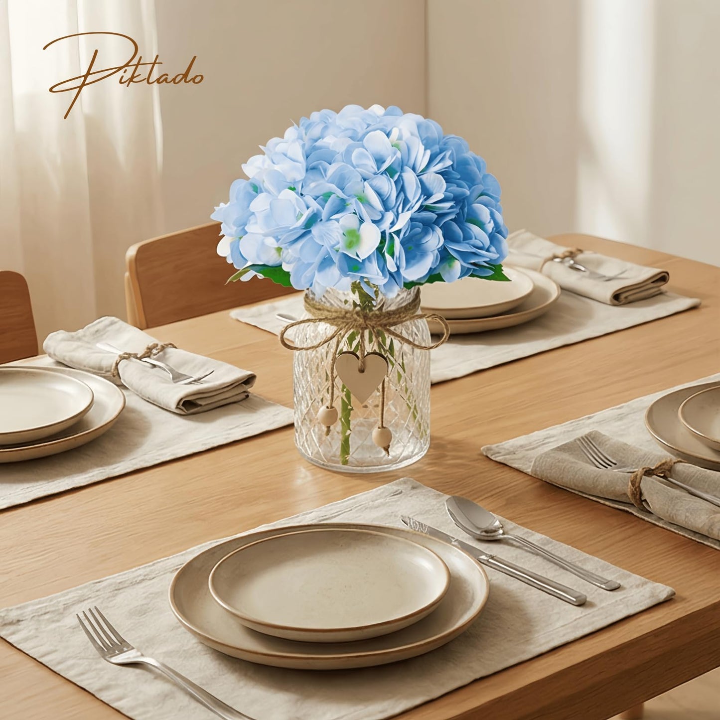 Piklado Hydrangea Artificial Flowers in Vase Silk Fake Flowers with Glass Vase Bohemian & Ins Style Faux Hydrangea with Glass Bottle Set for Home Office Bathroom Decoration (Blue)