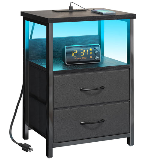 Fixwal Night Stand with Charging Station, LED Nightstand with U-S-B Ports and Outlets for Small Spaces, 2 Fabric Storage Drawers, Bedside Table End Tables Bedroom Decor, Modern Black