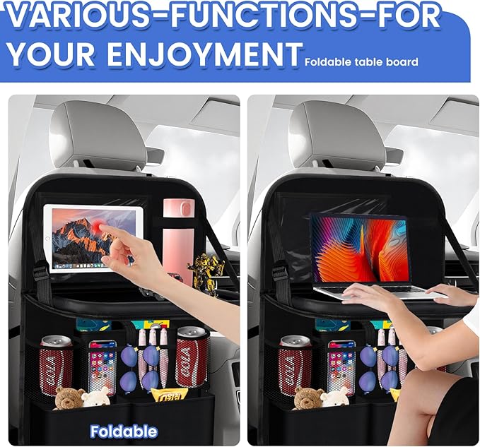 The car rear seat storage unit comes with a flat rack, 13 storage compartments, a foldable tray table, a rear seat kick pad, and can hold snacks and toys. It's black (1 piece【Dining table style】)