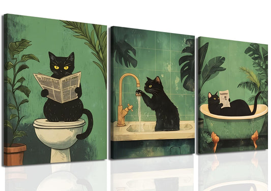 Funny Bathroom Black Cat Wall Art Set of 3, Whimsical Animal Bathroom Wall Decor Painting Maximalist Quirky Dark Pet Cat Toilet Canvas Poster Prints Aesthetics, Framed 12x16 inch