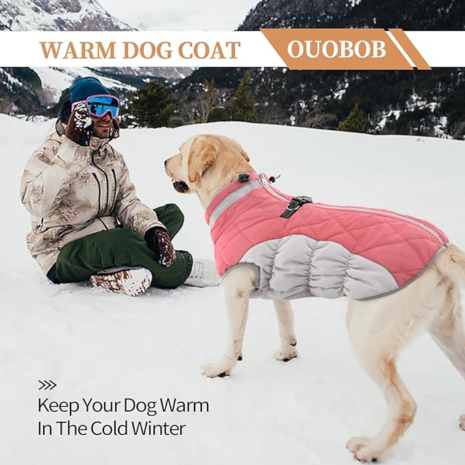 OUOBOB Winter Dog Coat,Large Dog Jacket,Waterproof Pet Jacket with Back Zipper,Pet Coat with Harness Built in,Warm Dogs Coat with Fleece Lined,Snow Jacket Clothes French Bulldog Shiba Inu,Pink,L
