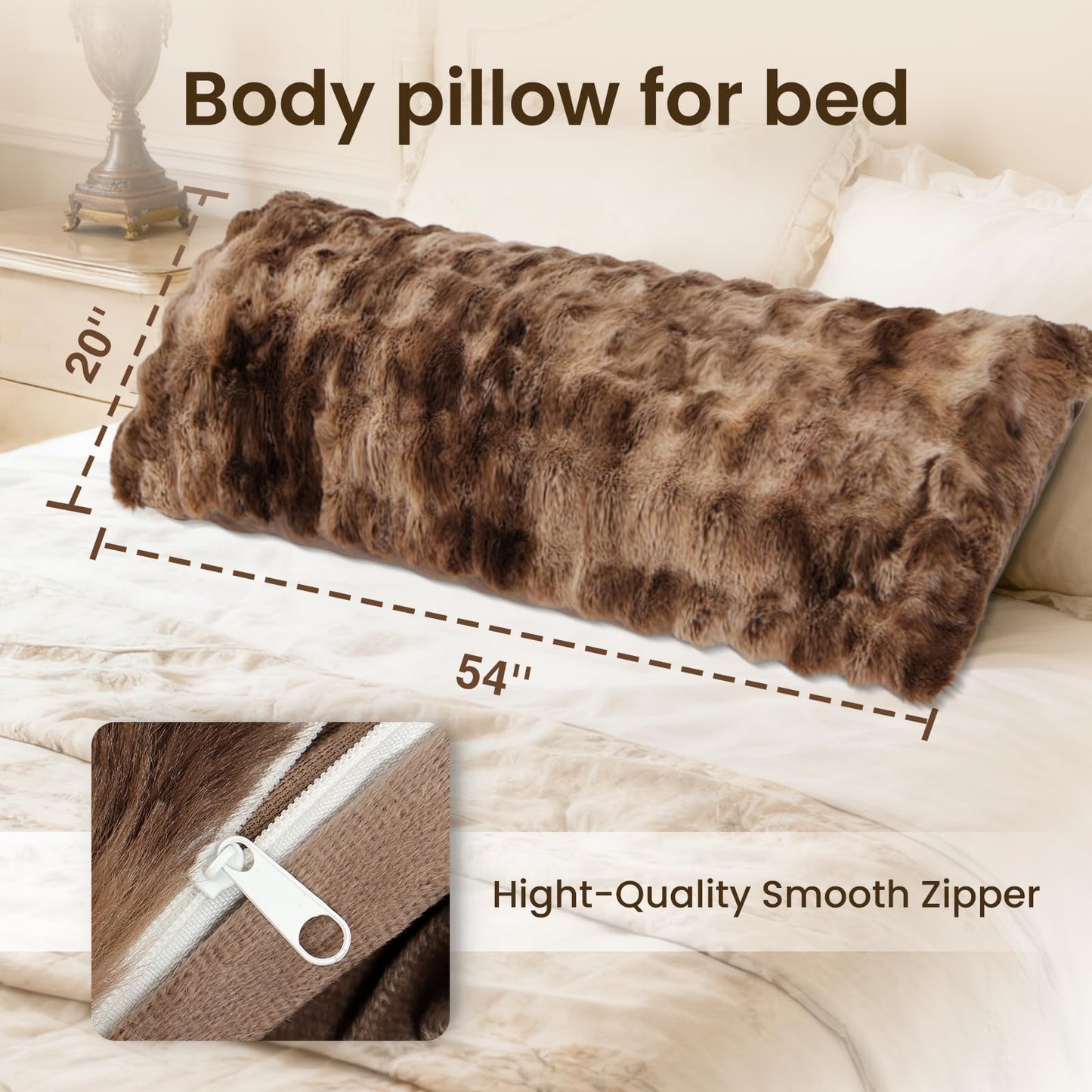 ZonLi Fluffy Body Pillow for Adults, Fuzzy Faux Fur Long Pillow with Shredded Memory Foam, Adjustable Support for Side Sleepers, Gifts, 20 x 54 Inch, Brown