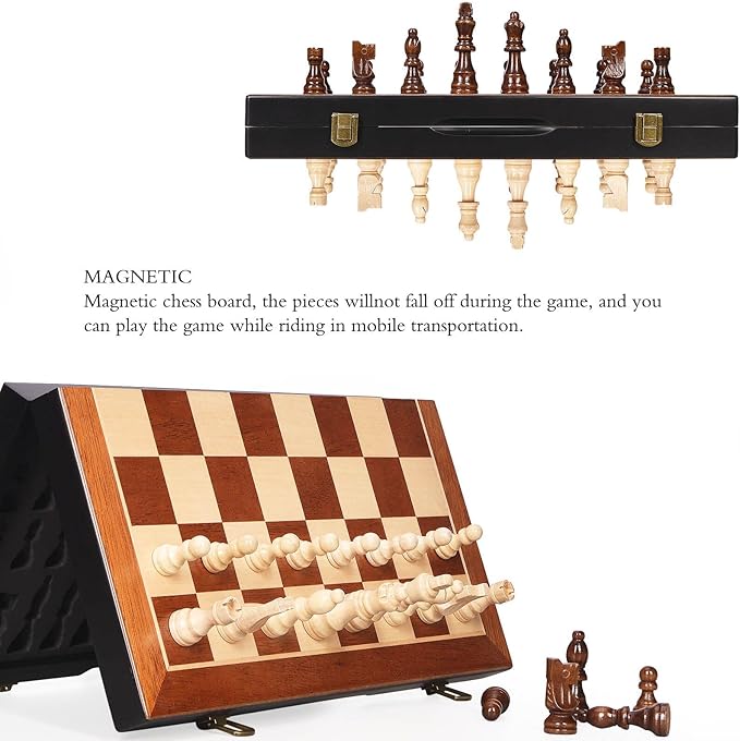 Chess Magnetic Wooden Chess Set 15" Unique Chess Board Game with Chess Pieces Storage Slots, Tournament Portable Folding Travel Chess Sets for Kids Adults Beginner and Pros, 2 Extra Queens