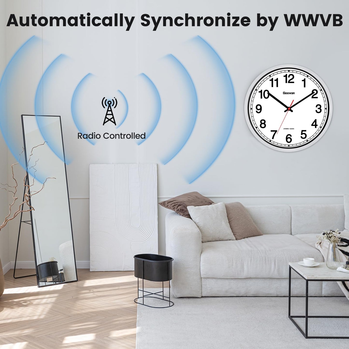 Geevon 16 Inch Atomic Wall Clock - Self-Setting Analog Clock with Automatic Time Sync - Battery Operated for Home Office School - Silver Frame