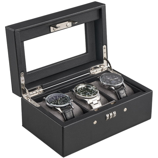 ProCase Lockable Watch Case, 3-Slot Display Storage Box with Glass Lid, Scratch-Free Velvet Lining & Combination Lock, Secure Watch Organizer for Men, Home, Office or Store Display - Black