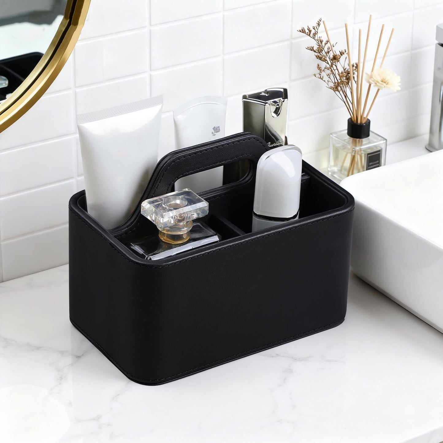 NICLNGSH Caddy Organizer with Handle, PU Leather Remote Control Holder Desk Caddy, Portable Makeup Remote Organizer for Table, Nightstand, Office (Black)
